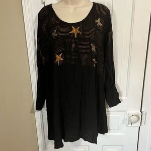 Bread Hand Printed Star Tunic Top Black One Size Lagenlook Art to Wear F2